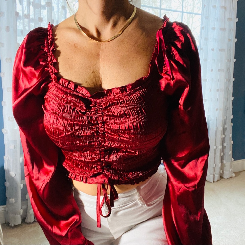 Burgundy satin blouse- can be worn off-the-shoulder